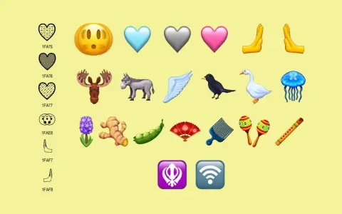 Nya emojis visar hjärtan, en älg, en åsna, en fågel, en gås, en manet, en hyacint, ingefära, ärtor, en solfjäder, en kam, maracas, en flöjt, händer som ber, en sikh-symbol och en wifi-symbol.