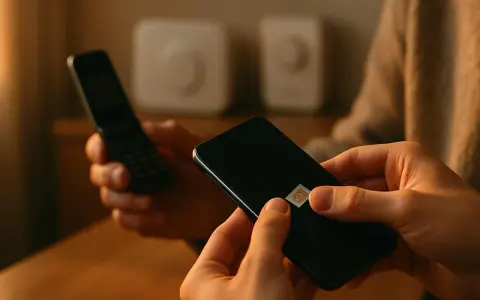 En person håller en smartphone med ett SIM-kort, redo för telia 3g. En äldre mobiltelefon syns i bakgrunden.