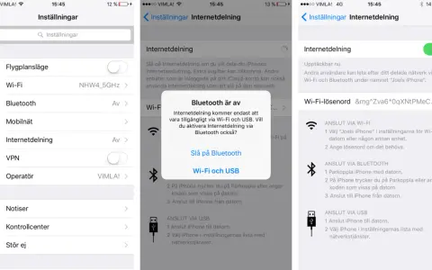 Inställningar för att dela internet från en iPhone. Välj Wi-Fi och USB för att aktivera hotspot.