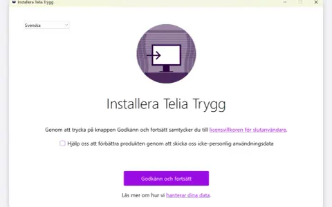 Installerar Telia Trygg. Välj språk och godkänn villkoren för att fortsätta installationen av telia appen.