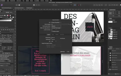 Affinity Publisher-fönstret visar inställningar för ett nytt dokument, med sidstorlek A4 och 297 mm bredd.