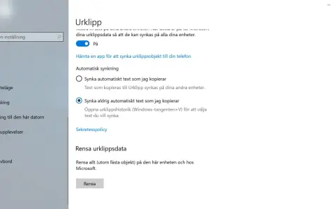 Windows inställningar för Urklipp. Här kan du aktivera synkronisering av urklippsobjekt mellan enheter.