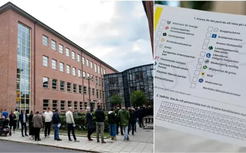 Valdeltagande utanför en röd tegelbyggnad, med en valsedel i förgrunden. Ring 073 telefonnummer för mer information.