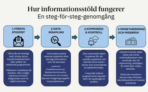 Diagram visar hur dataintrång sker: först åtkomst, sedan datainsamling, kommando & kontroll, och slutligen monetarisering. Detta kan leda till identitetsstöld för privatpersoner.