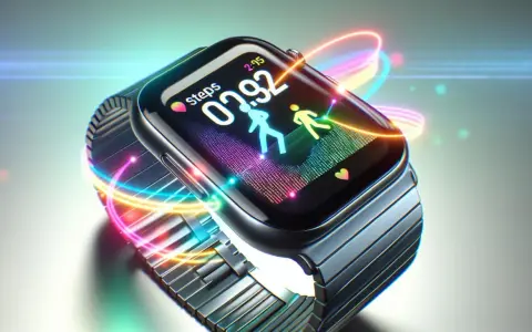 En Apple Watch med färgglada ljusstrålar som virvlar runt. Skärmen visar stegräknare och löpande figurer. Perfekt för dig som vill hitta din nya träningskompis.