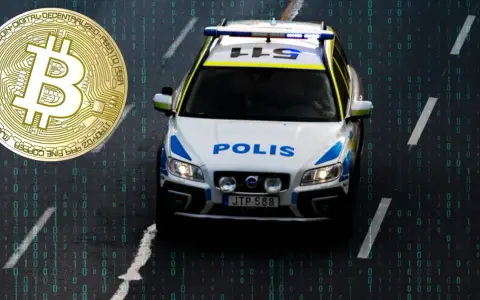 Polisbil på väg, med en bitcoin-symbol och digital kod som antyder en bitcoin sverige bluff.