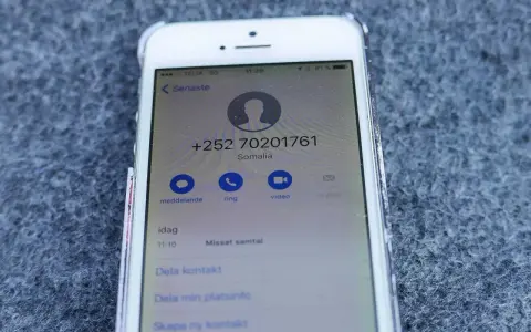 Senaste samtal från Somalia, nummer +252 70201761. Ett missat samtal idag kl 11:10.