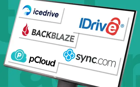 Skärm visar logotyper för molnlagringstjänster: Icedrive, IDrive, Backblaze, pCloud och Sync.com.
