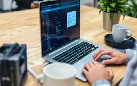 Person arbetar vid en laptop på ett träbord. En kaffekopp och en växt står bredvid. Dags att rensa datorn helt.