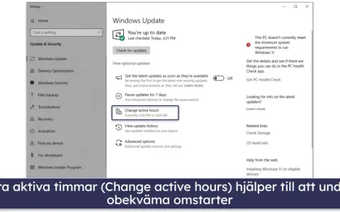 Inställningar för uppdateringar Windows 10 visar hur du ändrar aktiva timmar för att undvika omstarter.