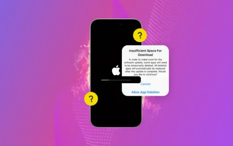 iPhone visar felmeddelande om otillräckligt utrymme för en iOS-uppdatering, som erbjuder att radera appar.