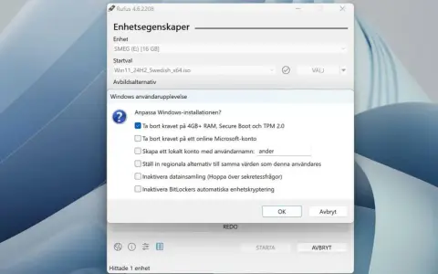 Rufus-fönster som anpassar installationen av Windows 10 eller 11, tar bort krav på RAM, Secure Boot och TPM.
