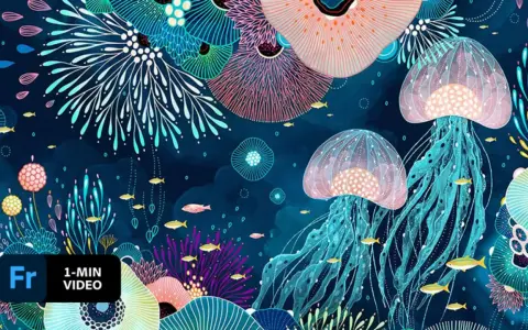 Färgglad undervattensvärld med maneter och fiskar, skapad med Adobe Fresco.