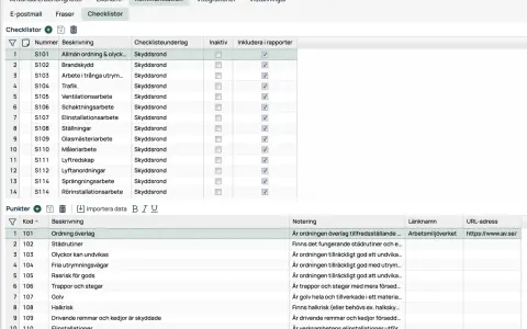 En lista med arbetsmiljörelaterade checklistor, som "Brandskydd" och "Halkrisk", visas. En checklista för ordning och säkerhet är aktiv.