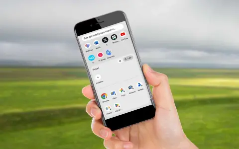 En hand håller en telefon med en öppen app-meny. Det är dags att uppdatera telefonen för att få tillgång till alla appar.