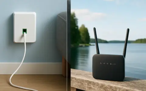 Välj mellan fiber eller mobilt bredband. En vit dosa med kabel i väggen till vänster, en svart router med antenner vid en sjö till höger.