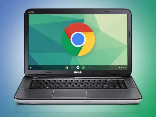 En Dell XPS-dator med ChromeOS Flex som körs, med den ikoniska Chrome-logotypen på skärmen.