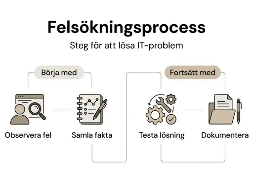 Felsökningsprocess: Observera fel, samla fakta, testa lösning, dokumentera. Perfekt när datorn startar inte.
