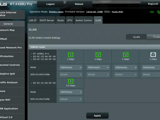 Inställningar för VLAN på Asus router. Här kan du logga in och konfigurera nätverksinställningar.