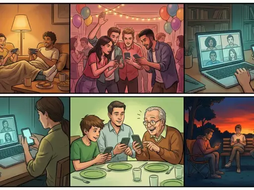 Vänner och familj njuter av roliga spel på mobilen, både tillsammans och på distans.