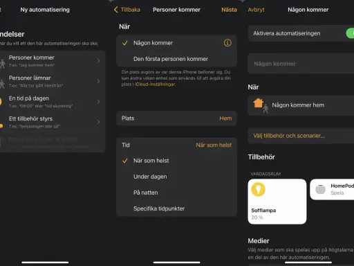 Testar en Apple HomePod mini-automatisering för när någon kommer hem.