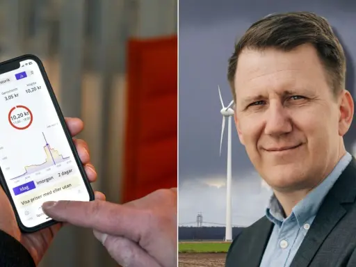 En hand håller en mobil med elpriskollen app som visar elpriser. Bredvid en man med vindkraftverk i bakgrunden.