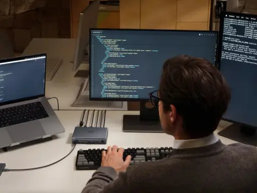 En person kodar på en MacBook Air med flera skärmar.