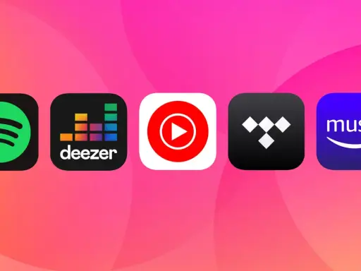 Ikoner för musikappar som Spotify, Deezer, YouTube Music, Tidal och Amazon Music. Vilken tjänst vinner i en deezer vs spotify-strid?