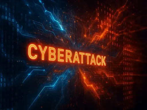 Glödande text "CYBERATTACK" mot en bakgrund av binär kod och kretskort. Detta illustrerar vad som kan hända vid en cyberattack.