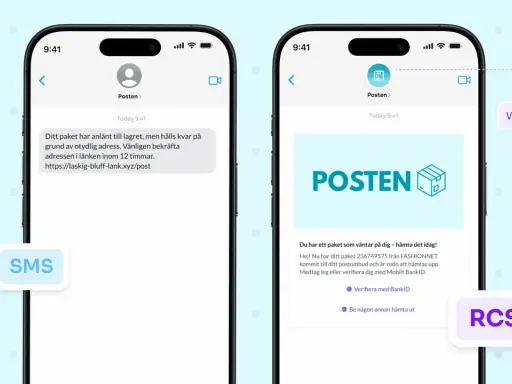 Två mobilskärmar visar meddelanden från "Posten". SMS-meddelandet varnar för en bluff-faktura och en länk. RCS-meddelandet ser äkta ut, men kan vara en del av bluffen.