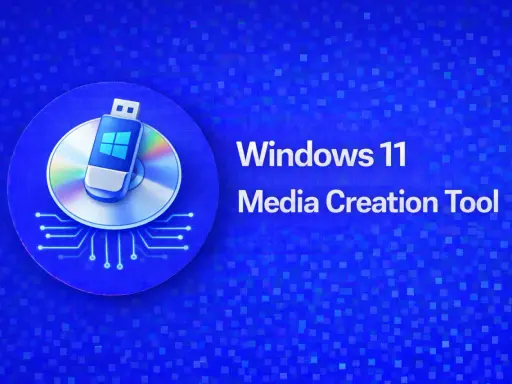 Windows 11 Media Creation Tool med en USB-stick med Windows-logotypen ovanpå en CD.