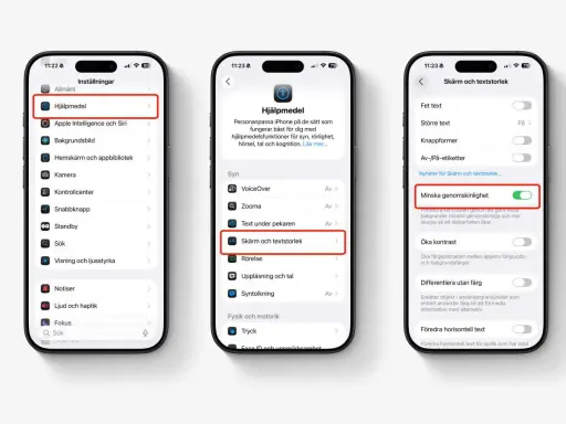 Ikoner visar inställningar för iOS 19, med fokus på "Minska genomskinlighet" för bättre läsbarhet.