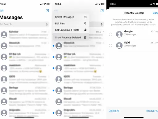 Visar hur man hittar raderade sms på iPhone. Konversationer finns kvar i 30 dagar innan de raderas permanent.