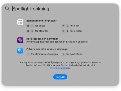 Spotlight-sökning i senaste macOS visar hur du bläddrar bland appar, filer, åtgärder och urklipp.