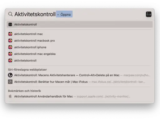 Sökresultat för Aktivitetskontroll på Mac. Visar appen, relaterade sökningar och webbplatser.