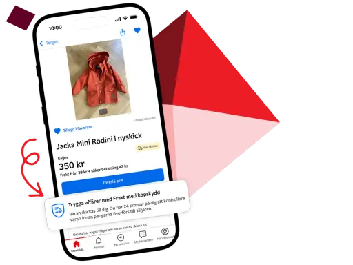 En telefon visar en annons för en röd barnjacka på Blocket. Ett meddelande om frakt med köpskydd visas.