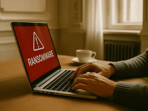 En varning om ransomware visas på en laptop. En person skriver på tangentbordet, en kaffekopp står bredvid.