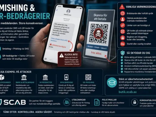 SMS med falska paketleveranser och QR-koder som leder till bedrägerier. Var vaksam mot phishing-försök.