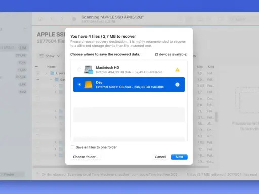 Återställ 4 filer på Mac. Välj destination för att återställa data, t.ex. "Dev" för att visa dolda filer mac.