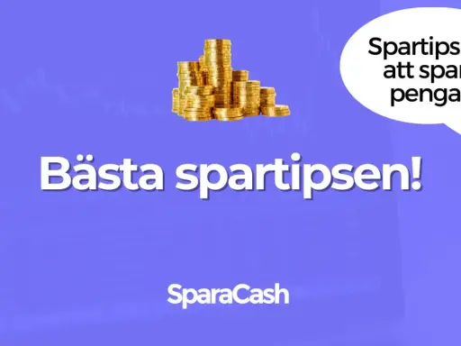 Bästa spartipsen! En pratbubbla säger "Spartips för att spara pengar!". En hög med guldpengar syns ovanför texten. Perfekt för dig som vill byta dator och spara pengar.