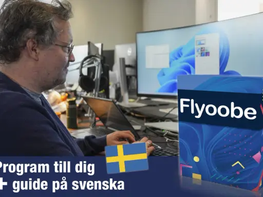 Man vid datorn, redo att uppdatera till Windows 11 med program och guide på svenska.
