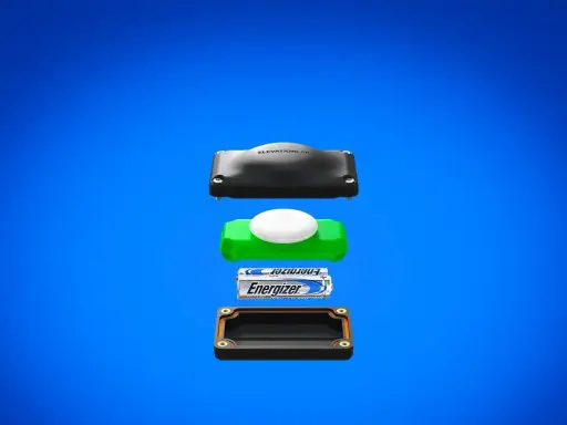 Exploderad vy av en hållare för Apple AirTag, med en Energizer-batteri som visar dess airtag batteritid.