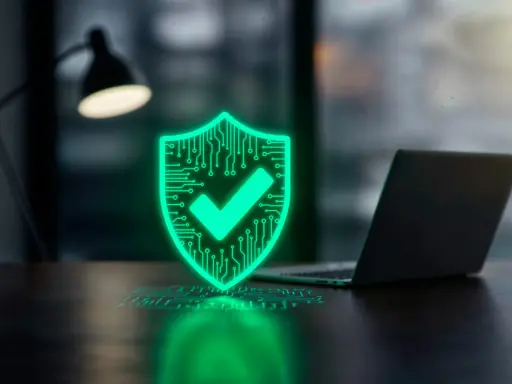 En lysande grön sköld med ett kryss symboliserar ett bra virusprogram. Bredvid står en laptop, redo att skyddas.