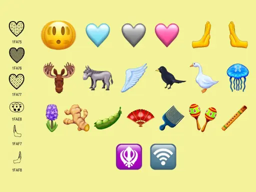 Nya emojis visar hjärtan, en älg, en åsna, en fågel, en gås, en manet, en hyacint, ingefära, ärtor, en solfjäder, en kam, maracas, en flöjt, händer som ber, en sikh-symbol och en wifi-symbol.