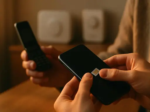 En person håller en smartphone med ett SIM-kort, redo för telia 3g. En äldre mobiltelefon syns i bakgrunden.