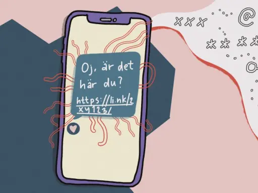 En mobiltelefon visar ett meddelande: "Oj, är det här du?". En länk syns i meddelandet, som om det vore en messenger på datorn.