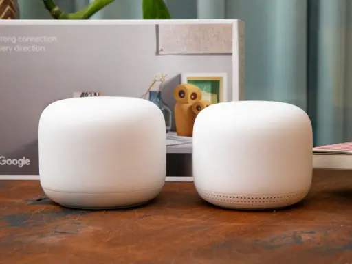 Två vita Google Nest Wifi-enheter står på ett träbord. En kartong med texten "Strong connection. Every direction." och Google-loggan syns i bakgrunden.
