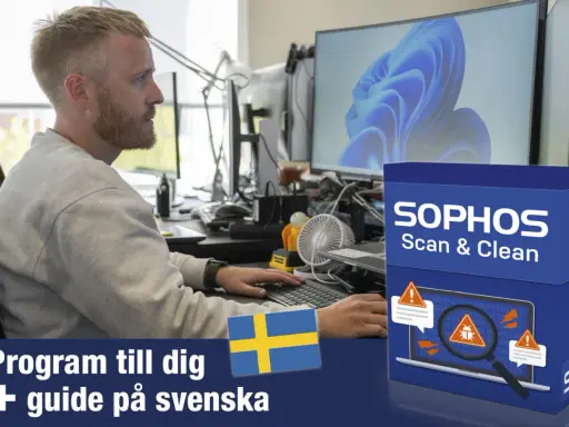 Man arbetar vid datorn med en Sophos Scan & Clean-produkt. Programmet hjälper till att rensa virus från Android och levereras med en svensk guide.