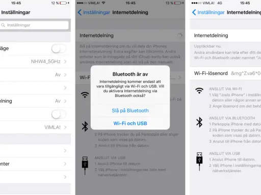 Inställningar för att dela internet från en iPhone. Välj Wi-Fi och USB för att aktivera hotspot.