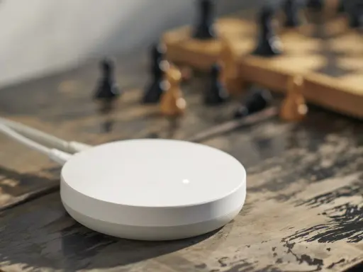 En vit, rund enhet, en dirigera hub, ligger på ett träbord bredvid ett schackbräde med pjäser.
